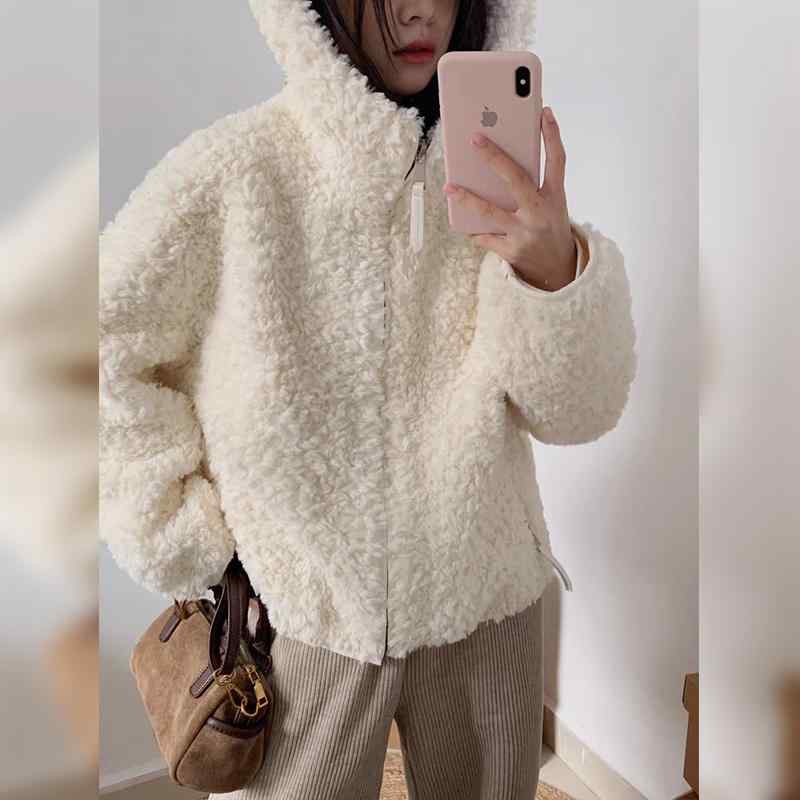 レディース ファッション 服 オシャレ カワイイ シンプル 大人カワイイ 大きいサイズ スタイル ハイエンド 韓国 スタイル カジュアル ホワイト ラムウール スウェット シャツ ジャケット｜リコット