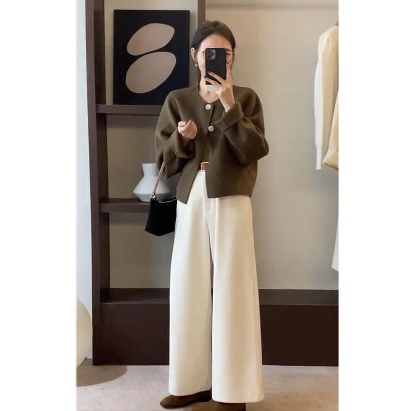 レディース ファッション 服 オシャレ カワイイ シンプル 大人カワイイ 大きいサイズ 秋 カジュアル ブラウン ウール コート ワイド パンツ スーツ｜リコット