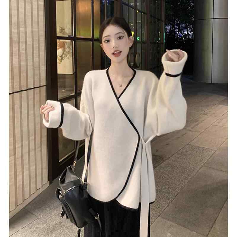 レディース 流行り物 服 オシャレ カワイイ  分かりやすい 成年者カワイイ 気が大きい大きさ  秋 フレンチ ゆったり 長袖 編み物ジレー 白 スウェーター 上衣 スコート 背広