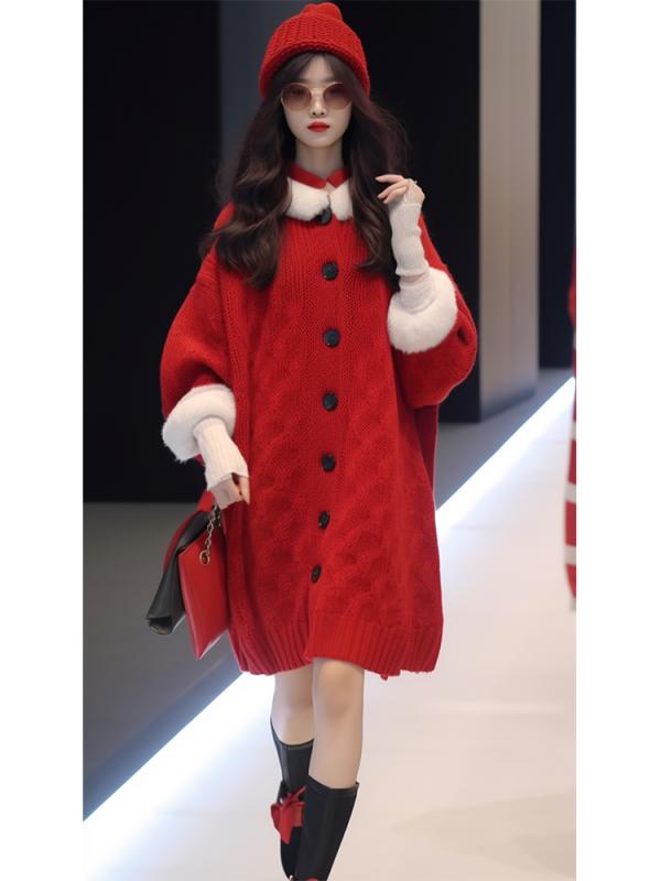 レディース 流行り物 服 オシャレ カワイイ  分かりやすい 成年者カワイイ 気が大きい大きさ  クリスマス 干支 赤 スウェーター お召しもの 韓国 表現スタイル 編み物