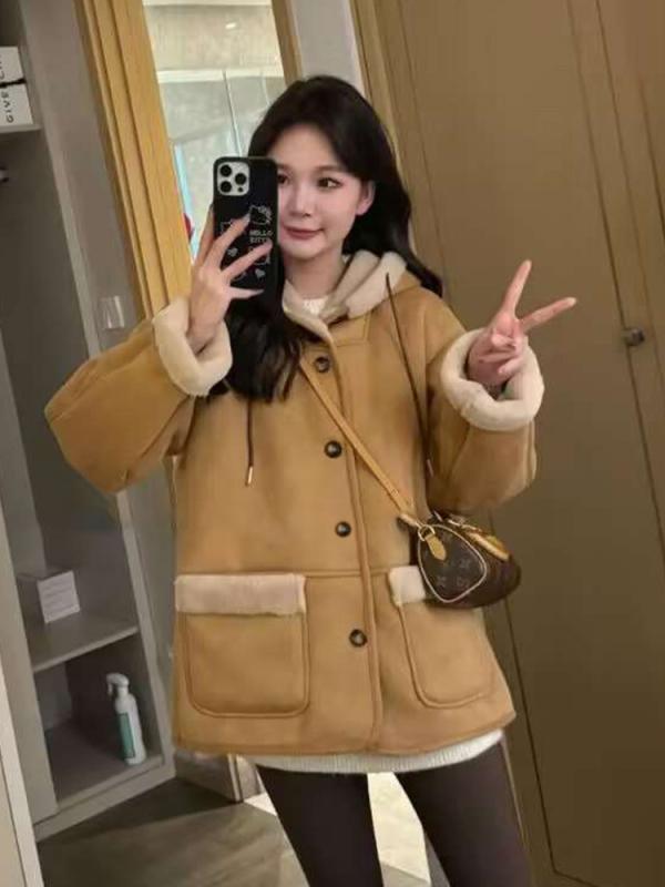 レディース 流行り物 服 オシャレ カワイイ  分かりやすい 成年者カワイイ 気が大きい大きさ  カーキ ラムウール 厚地の外套 ハイエンド 朦々たる トップス
