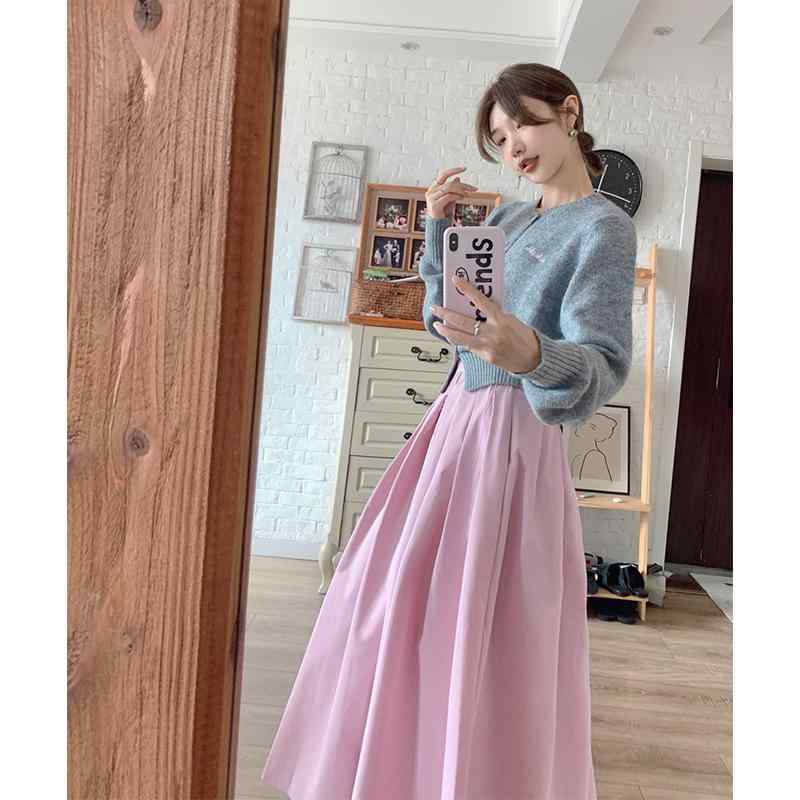 レディース 流行り物 服 オシャレ カワイイ  分かりやすい 成年者カワイイ 気が大きい大きさ  秋 表どおり 薄墨色 編み物 トップス 二分の一 スコート 背広