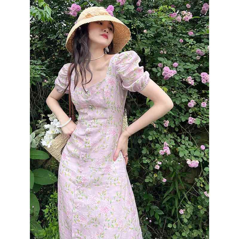 レディース 流行り物 服 オシャレ カワイイ  分かりやすい 成年者カワイイ 気が大きい大きさ  フレンチ 花柄 お召しもの 酉の方角 か細い 真四角のど首 パフ捩り ロング スコート 秋