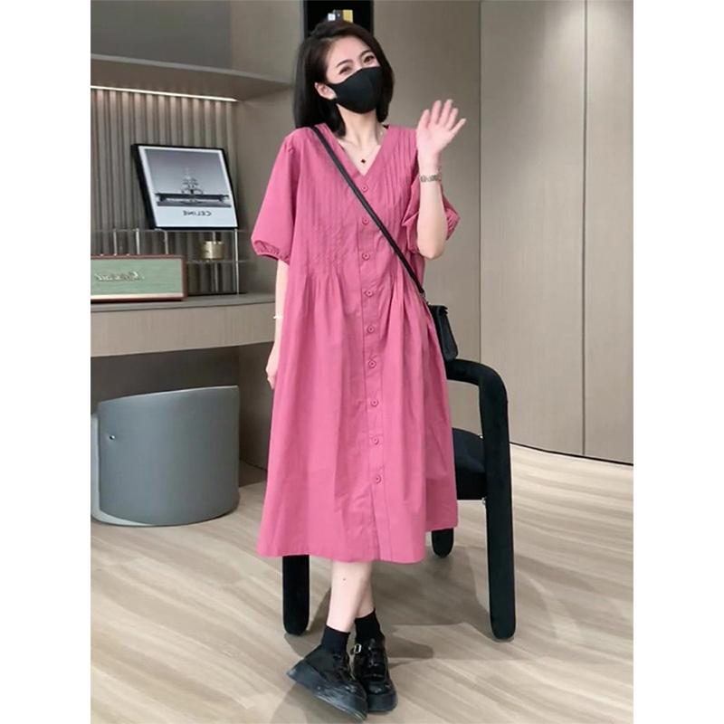 レディース ファッション 服 オシャレ カワイイ シンプル 大人カワイイ 大きいサイズ ハイエンド フレンチカジュアル スリム ピンク Vネック シャツ ドレス 秋 ｜リコット