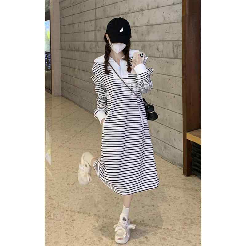 レディース ファッション 服 オシャレ カワイイ シンプル 大人カワイイ 大きいサイズ フレンチ カジュアル ストライプ ポロ カラー ドレス 秋 ハイエンド シック スカート|リコット
