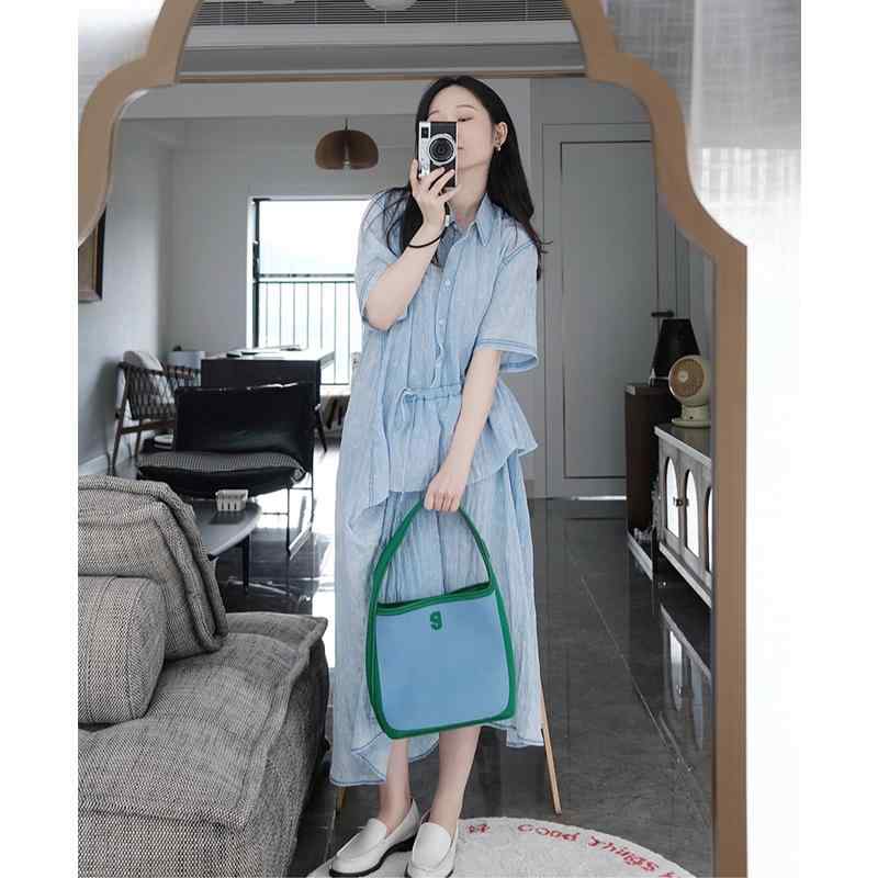 レディース ファッション 服 オシャレ カワイイ シンプル 大人カワイイ 大きいサイズ フレンチ ブルー シャツ ドレス 秋 ハイエンド スカート
