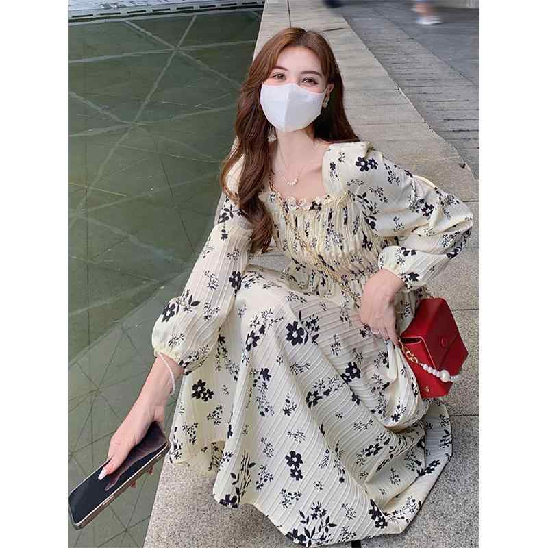 レディース ファッション 服 オシャレ カワイイ シンプル 大人カワイイ 大きいサイズ フレンチ お姫様 アプリコット 花柄 秋 長袖 ドレス ハイエンド シック スカート|リコット