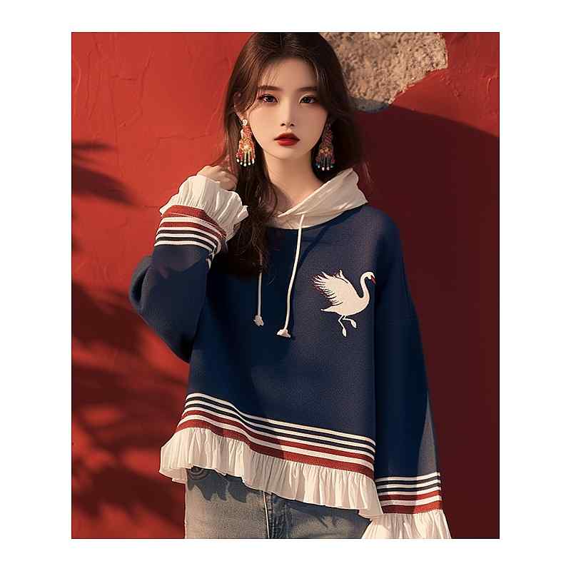 レディース ファッション 服 オシャレ カワイイ シンプル 大人カワイイ 大きいサイズ 秋 韓国 スタイル スリム ネイビーブルー プリント フード付き スウェット シャツ