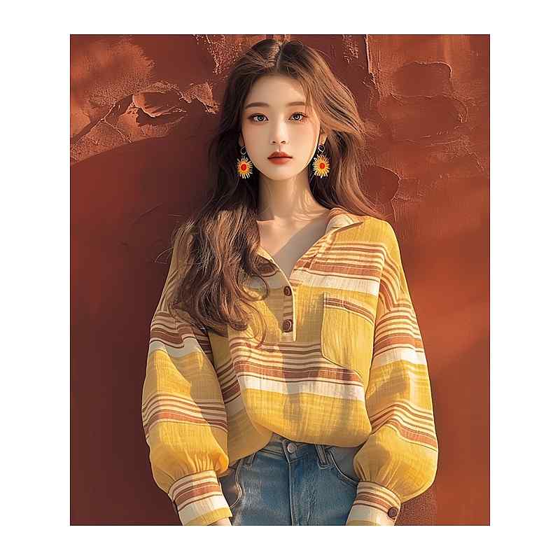 レディース ファッション 服 オシャレ カワイイ シンプル 大人カワイイ 大きいサイズ 秋 トップス 韓国 スタイル 黄色 ストライプ 長袖 シャツ