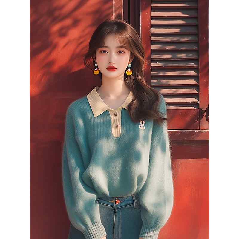 レディース ファッション 服 オシャレ カワイイ シンプル 大人カワイイ 大きいサイズ 秋 セーター 韓国 スタイル ハイエンド フレッシュ ソフト ミント グリーン ニット ポロ シャツ