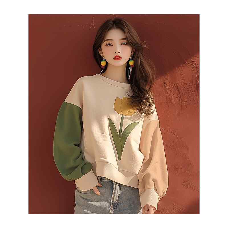 レディース ファッション 服 オシャレ カワイイ シンプル 大人カワイイ 大きいサイズ 秋 韓国 スタイル アプリコット ラウンドネック 長袖 トレーナー |リコット