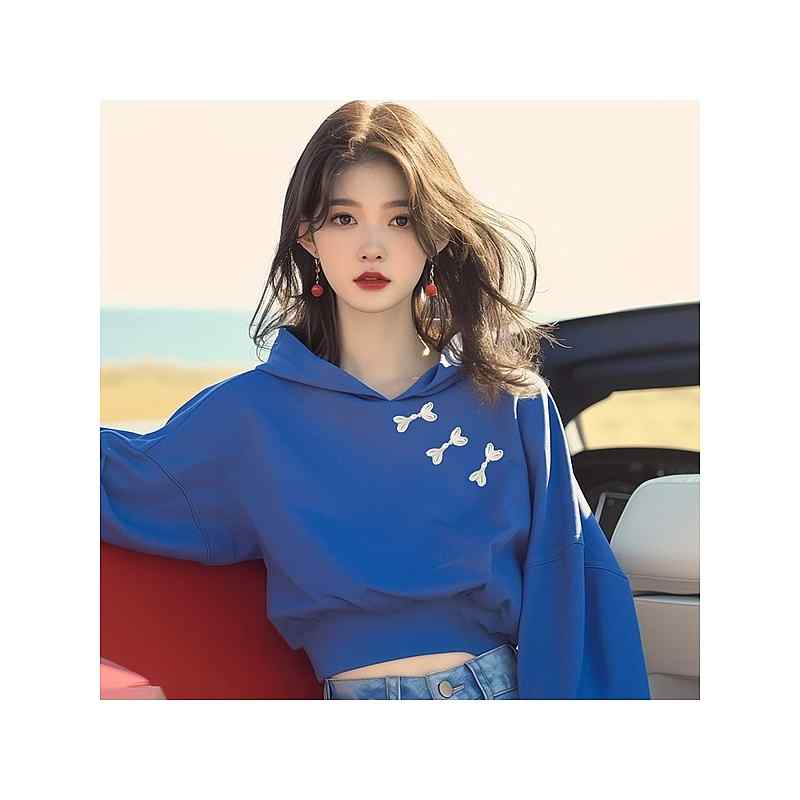 レディース ファッション 服 オシャレ カワイイ シンプル 大人カワイイ 大きいサイズ トップス シック ブルー プリント フード付き スウェット シャツ