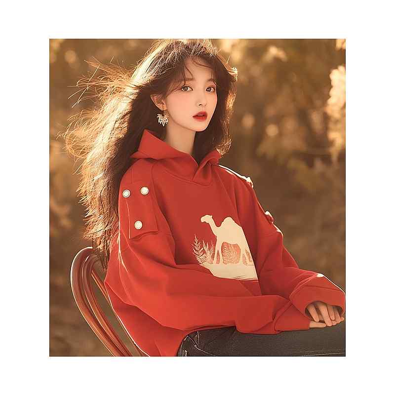 レディース ファッション 服 オシャレ カワイイ シンプル 大人カワイイ 大きいサイズ 秋 韓国 スタイル シック 赤 プリント 長袖 フード付き スウェット シャツ