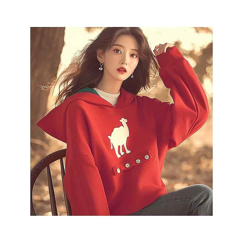 レディース ファッション 服 オシャレ カワイイ シンプル 大人カワイイ 大きいサイズ トップス ハイエンド 赤 プリント 長袖 フード付き スウェット シャツ