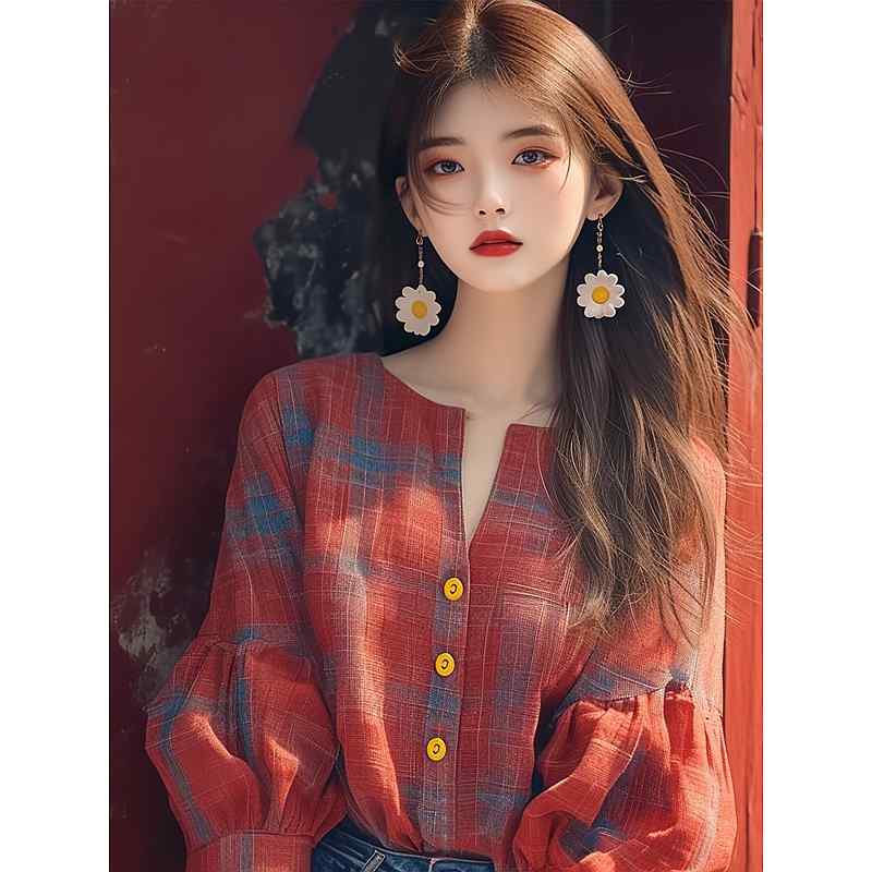 レディース ファッション 服 オシャレ カワイイ シンプル 大人カワイイ 大きいサイズ 秋 シャツ 韓国 スタイル 赤 ランタン スリーブ チェック柄 トップス|リコット