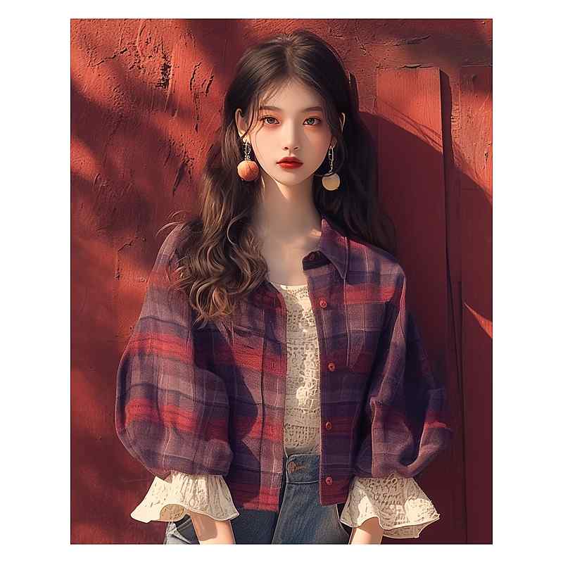 レディース ファッション 服 オシャレ カワイイ シンプル 大人カワイイ 大きいサイズ 秋 ハイエンド トップス 紫色 チェック柄 ランタン スリーブ シャツ 7,335円