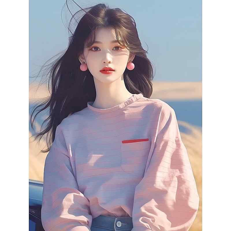 レディース ファッション 服 オシャレ カワイイ シンプル 大人カワイイ 大きいサイズ 韓国 スタイル シックシック トップス 西洋 ピンク ストライプ ランタン スリーブ T シャツ|リコット