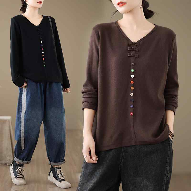レディース ファッション 服 オシャレ カワイイ シンプル 大人カワイイ 大きいサイズ 無地 長袖 T シャツ カラフル ボタン Vネック カジュアルインナー トップス