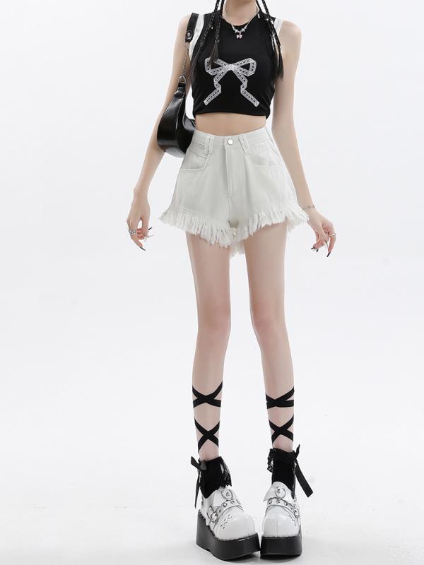 レディース ファッション 服 オシャレ カワイイ シンプル 大人カワイイ 大きいサイズ ハイウエスト タッセル デニム パンツ 秋 Aライン ロー エッジ ワイド レッグ
