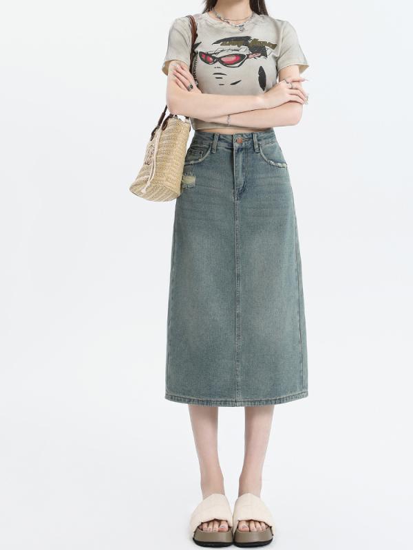 レディース ファッション 服 オシャレ カワイイ シンプル 大人カワイイ 大きいサイズ ハイウエ デニム スカート 秋 スリット ヒップ Aライン スカート