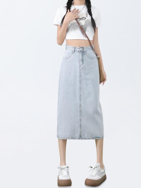 レディース ファッション 服 オシャレ カワイイ シンプル 大人カワイイ 大きいサイズ ハイウエスト スリット デニム スカート 秋 スリム Aライン ｜リコット