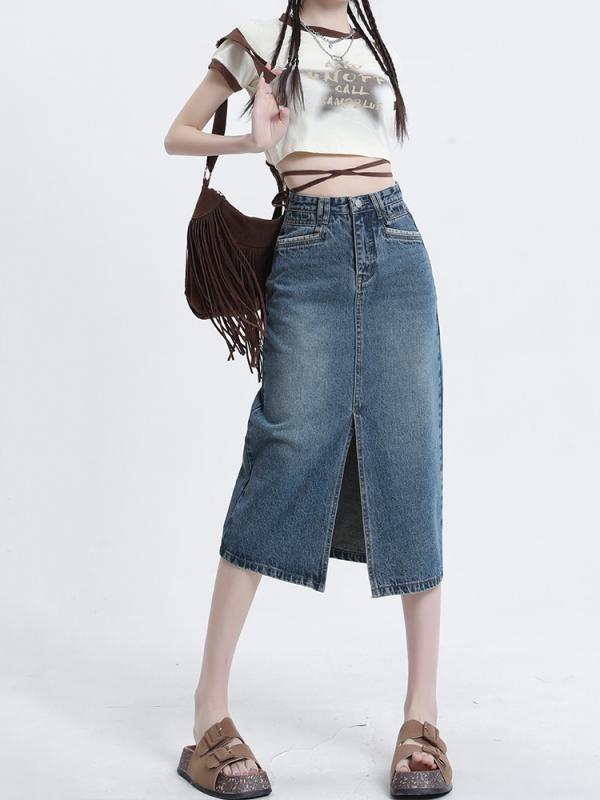 レディース ファッション 服 オシャレ カワイイ シンプル 大人カワイイ 大きいサイズ スリット デニム スカート 秋 ハイウエスト スリム Aライン トレート スカート｜リコット 15,643円