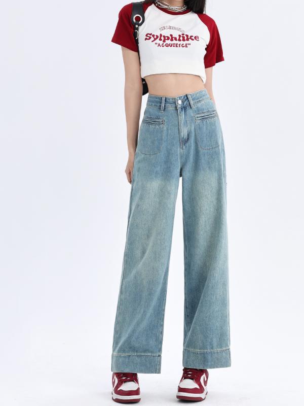 レディース 流行り物 服 オシャレ カワイイ  分かりやすい 成年者カワイイ 気が大きい大きさ   御機嫌酉の方角 ウォッシュド 広広とした レッグ デニム 秋 ゆったり か細い 九分丈 引っ切り無い ズボン下