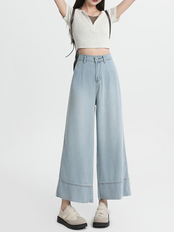 レディース ファッション 服 オシャレ カワイイ シンプル 大人カワイイ 大きいサイズ ソフト テンセル ジーンズ 秋 薄手 ワイド レッグ 九分丈 ストレート パンツ