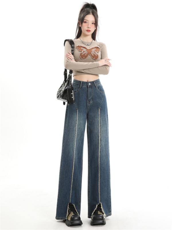 レディース 流行り物 服 オシャレ カワイイ  分かりやすい 成年者カワイイ 馬鹿でかい大きさ   広々とした レッグ ズボン下 烏兎 置き目 外辺部 細長い切口 引っ切り無い デニム