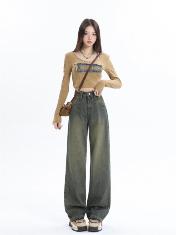 レディース 流行り物 服 オシャレ カワイイ  分かりやすい 成年者カワイイ 馬鹿でかい大きさ   ご機嫌酉の方角 引っ切り無い デニム 烏兎 ゆったり 広々とした レッグ ロング ズボン下