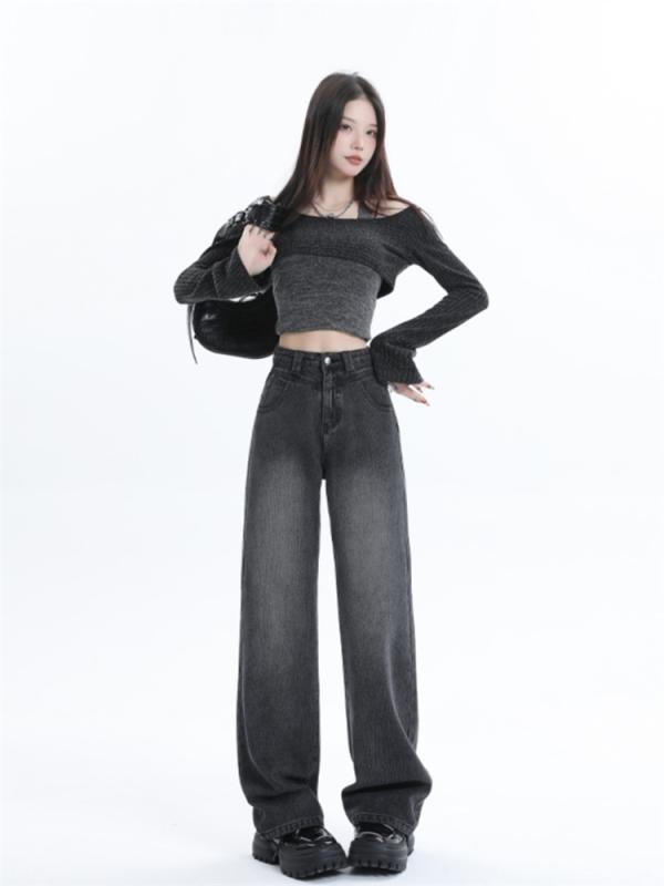 レディース ファッション 服 オシャレ カワイイ シンプル 大人カワイイ 大きいサイズ ハイウエスト ストレート ジーンズ 春秋 ゆったり ワイド レッグ ロング パンツ