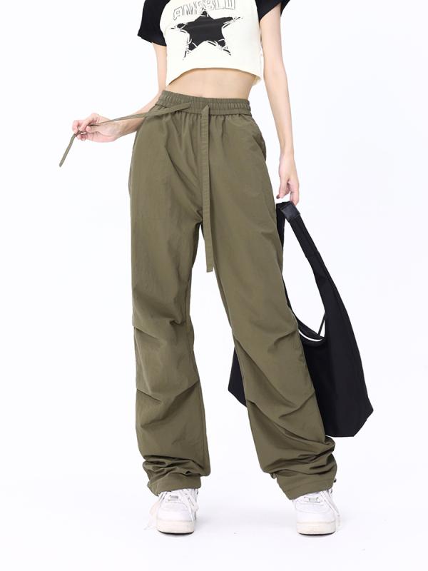 レディース ファッション 服 オシャレ カワイイ シンプル 大人カワイイ 大きいサイズ 薄手 速乾 ドローストリング プリーツ ストレート ワイド レッグ パンツ