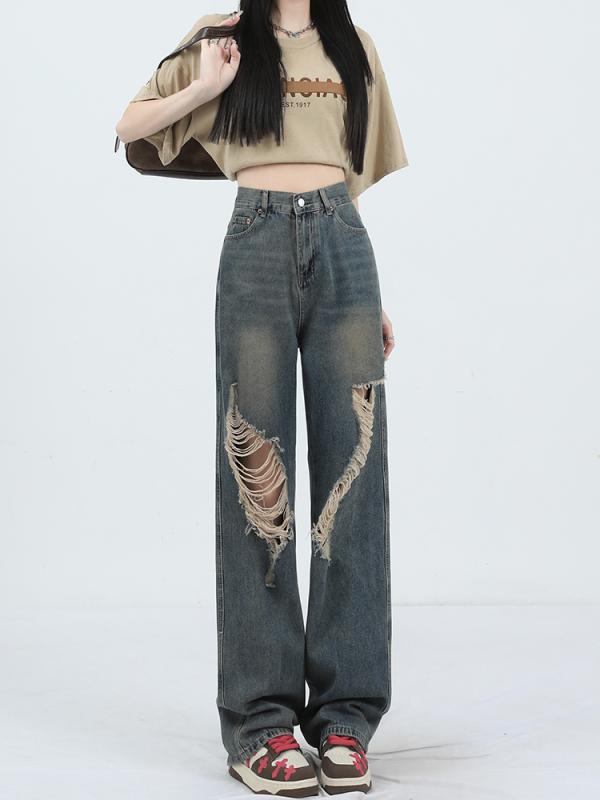レディース 流行り物 服 オシャレ カワイイ  分かりやすい 成年者カワイイ 馬鹿でかい大きさ   リップド 引っ切り無い デニム ご機嫌酉の方角 か細い 広々とした レッグ ズボン下