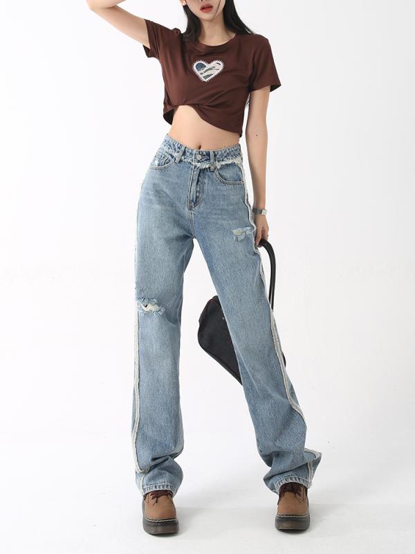 レディース 流行り物 服 オシャレ カワイイ  分かりやすい 成年者カワイイ 馬鹿でかい大きさ   リッピング 広々とした レッグ デニム ご機嫌酉の方角 か細い 引っ切り無い ズボン下