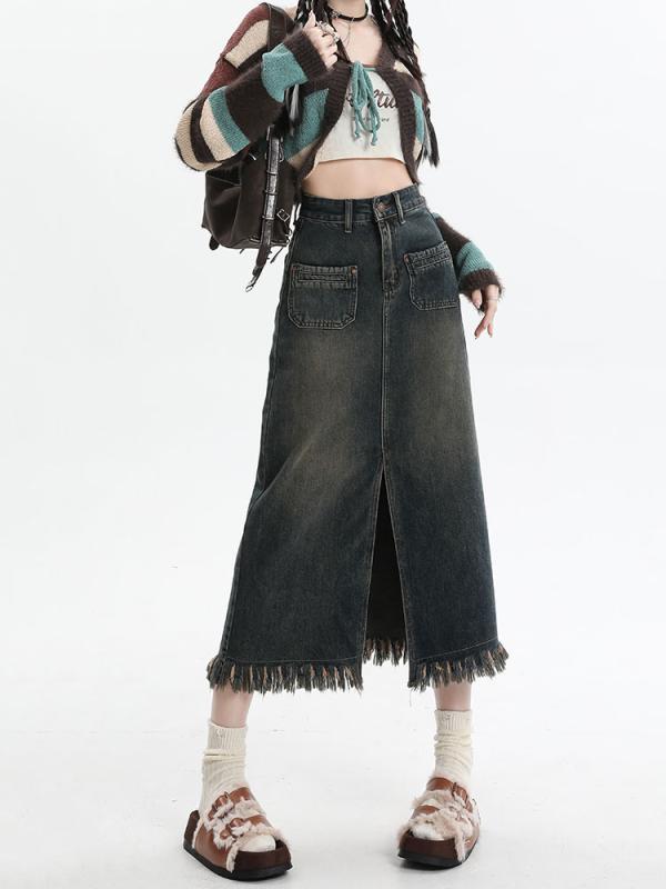 レディース ファッション 服 オシャレ カワイイ シンプル 大人カワイイ 大きいサイズ スリット デニム スカート ハイウエスト Aライン ヒップ アップ ミドル丈 スカート｜リコット