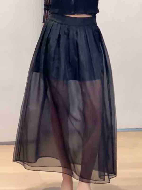 レディース ファッション 服 オシャレ カワイイ シンプル 大人カワイイ 大きいサイズ 黒 ハイウエスト プリーツ シースルー ストレート ハーフ レングス シフォンスカート 秋 ゆったり スリム ミドル丈 スカート