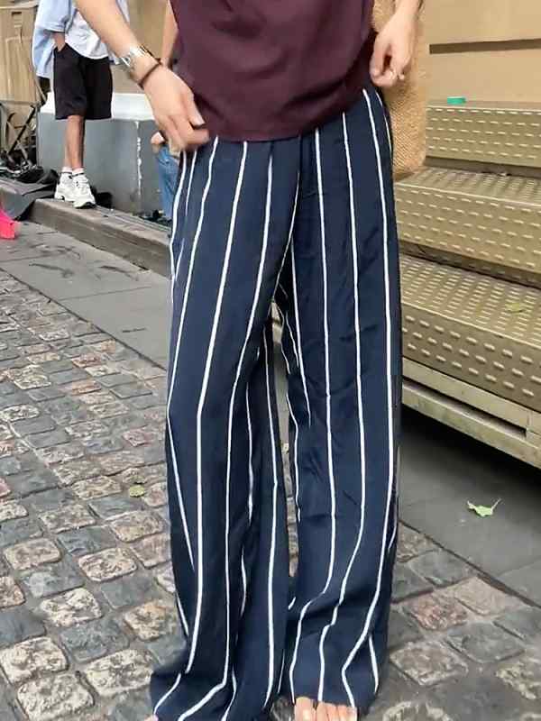 レディース ファッション 服 オシャレ カワイイ シンプル 大人カワイイ 大きいサイズ アメリカン ハイウエスト ストライプ ストレート ワイド レッグ カジュアル パンツ 秋 スリミング｜リコット