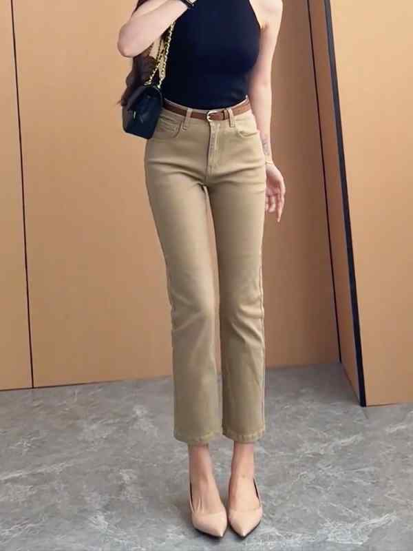 レディース ファッション 服 オシャレ カワイイ シンプル 大人カワイイ 大きいサイズ カーキ スリム パンツ 秋 ハイウエスト ナロー ジーンズ 九分丈