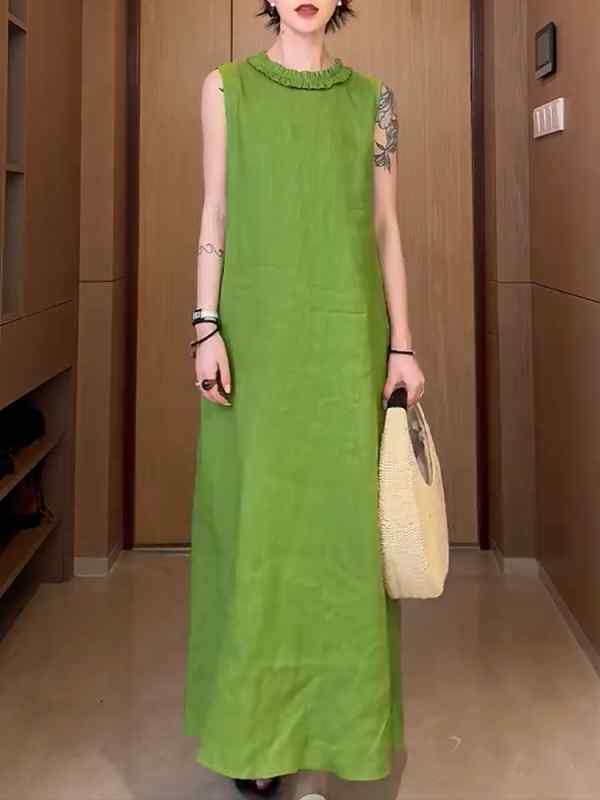 レディース ファッション 服 オシャレ カワイイ シンプル 大人カワイイ 大きいサイズ 緑 ラウンドネックノースリーブ ドレス ゆったり ベスト ロング スカート