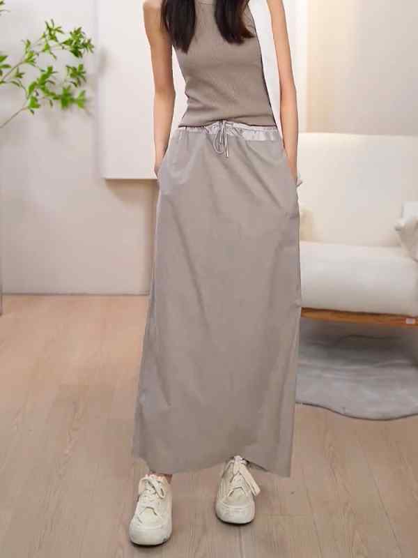 レディース ファッション 服 オシャレ カワイイ シンプル 大人カワイイ 大きいサイズ ウエスト ステッチ グレー スカート 秋 バックスリット ハイウエスト ロング 薄手 Aライン
