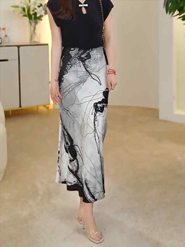 レディース ファッション 服 オシャレ カワイイ シンプル 大人カワイイ 大きいサイズ 黒 白 プリント スリム ロング スカート 秋 ハイウエスト Aライン ｜リコット