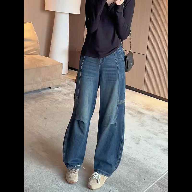 レディース ファッション 服 オシャレ カワイイ シンプル 大人カワイイ 大きいサイズ 秋 ブルー ウォッシュ ジーンズ ゆったり パンツ ハイウエスト カジュアル