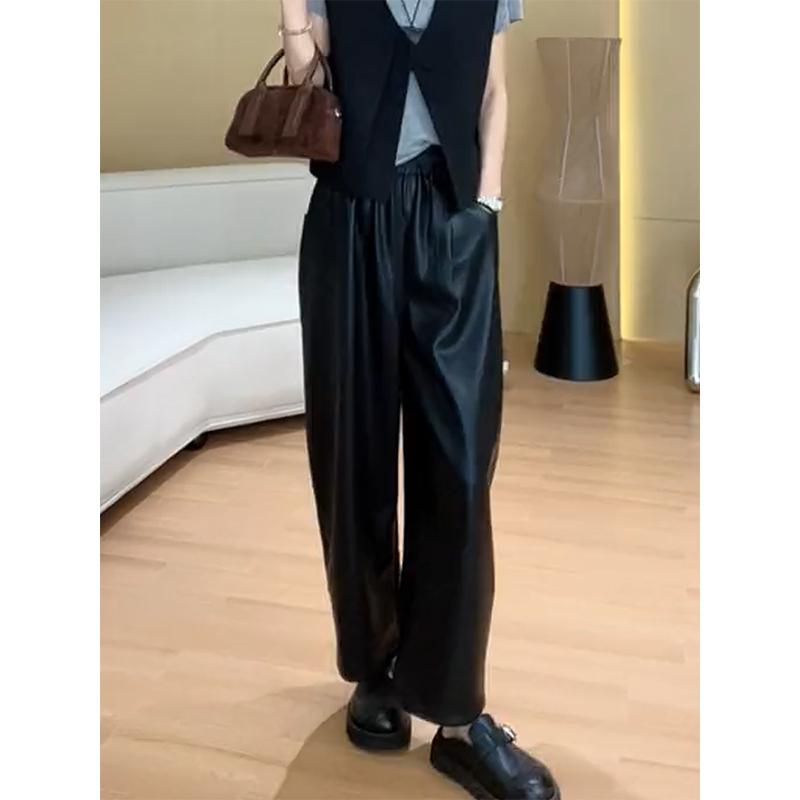レディース ファッション 服 オシャレ カワイイ シンプル 大人カワイイ 大きいサイズ 黒 アメリカン ハイウエスト ストレート レッグ ワイド カジュアル パンツ エコ レザー パンツ 秋 スリム 8,052円