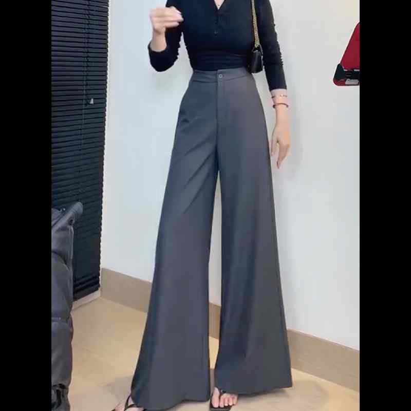 レディース ファッション 服 オシャレ カワイイ シンプル 大人カワイイ 大きいサイズ ゆったり ワイド レッグ パンツ 秋 ハイウエスト ロング パンツ通勤 グレー スーツ