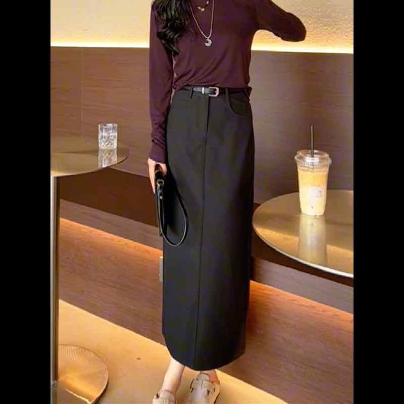 レディース ファッション 服 オシャレ カワイイ シンプル 大人カワイイ 大きいサイズ バックスリット ハイウエスト 着痩せ ロング スカート 秋 ナロー ヒップ カバー 黒 快適 Aライン