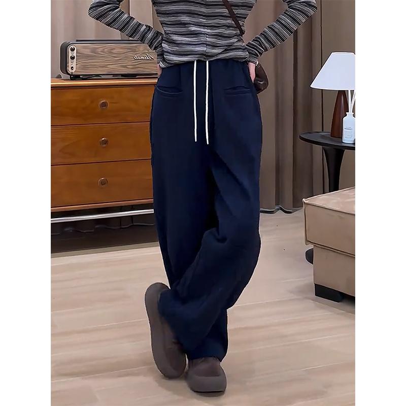 ブルー シンプル 通勤 ハイウエスト レース ストレート ワイド レッグ カジュアル パンツ 秋 スリム