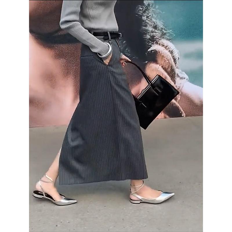 レディース ファッション 服 オシャレ カワイイ シンプル 大人カワイイ 大きいサイズ 通勤 ハイウエスト ストライプ ストレート スーツ スカート スリットスカート 秋 スリム ミドル丈