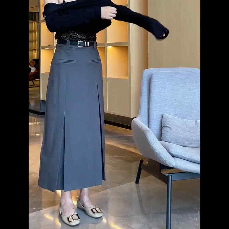 レディース ファッション 服 オシャレ カワイイ シンプル 大人カワイイ 大きいサイズ プリーツ グレー ハイウエスト 通勤 スーツ ロング スカート 秋 ハーフ ヒップ カバー Aライン