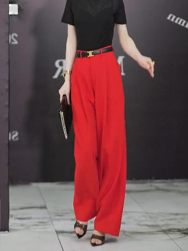 レディース ファッション 服 オシャレ カワイイ シンプル 大人カワイイ 大きいサイズ ハイウエスト プリーツ スーツ パンツ 秋 ワイド レッグ 赤