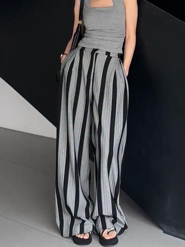 レディース ファッション 服 オシャレ カワイイ シンプル 大人カワイイ 大きいサイズ アメリカン ハイウエスト ストライプ ストレート ワイド レッグ カジュアル パンツ 秋 ゆったり スリム フロア レングス